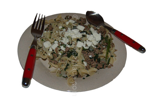 Prepared Greek Ground Lamb, Spinach and Egg Noodles